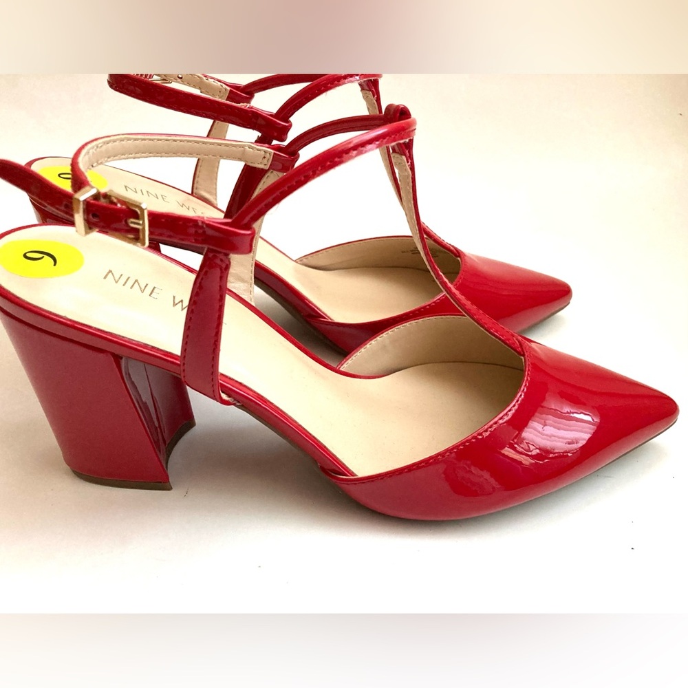 Red Heels Nine West Red Shoes Women’s 9 Patent Leather Block Heels T Strap Heels